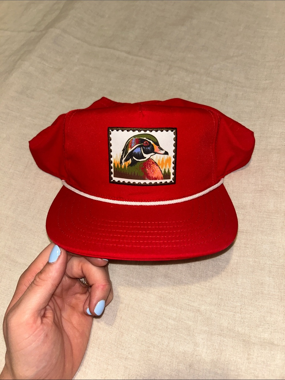 BURLEBO Red Duck Patch Snapback Hat with White Rope